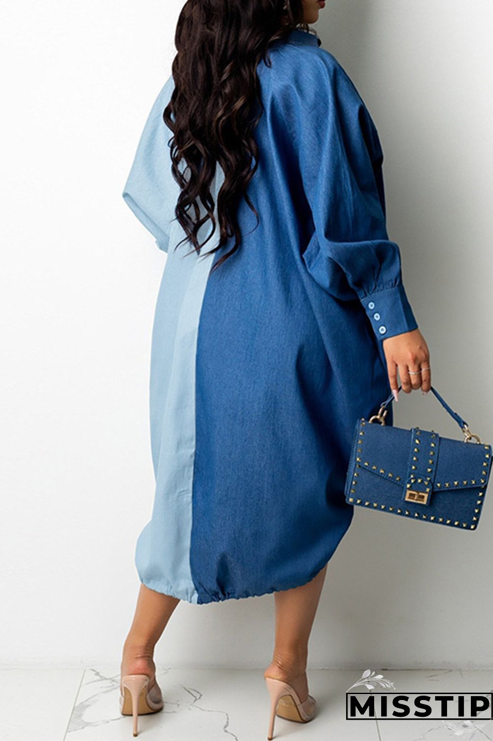 Grey Fashion Casual Plus Size Solid Patchwork Asymmetrical Turndown Collar Shirt Dress