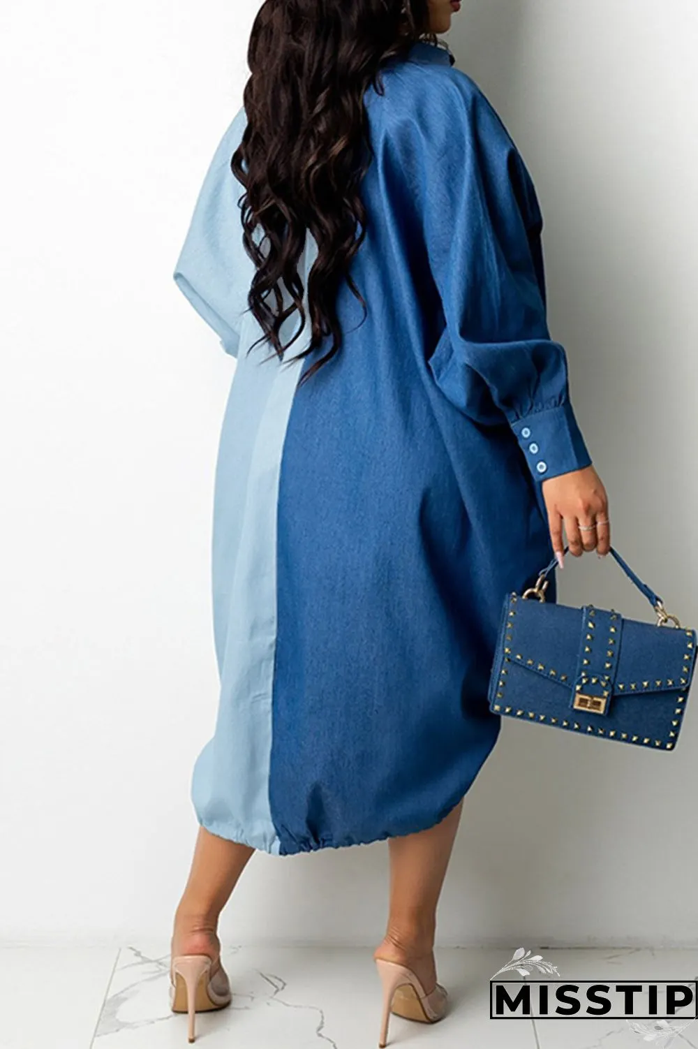 Grey Fashion Casual Plus Size Solid Patchwork Asymmetrical Turndown Collar Shirt Dress