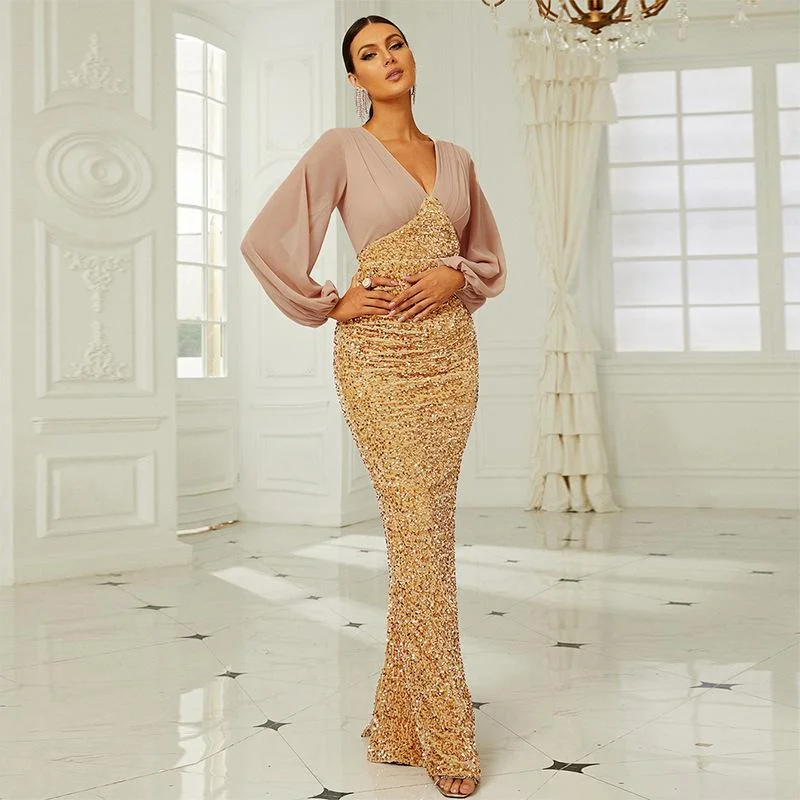 Neosepa-Luxurious Low Cut Long Sleeve Patchwork Gold Sequins Mermaid Prom Dress