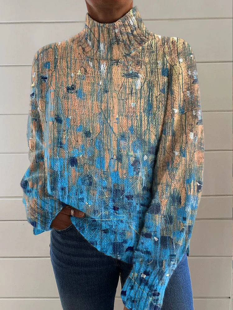 Blurred Color Block Art Print Knit Turtleneck Pullover Sweater