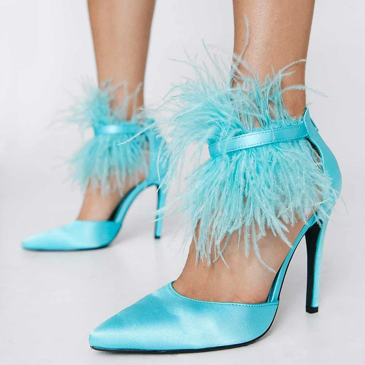 Blue Pointy Toe Stiletto Heels Feather Trim Ankle Strap Pumps Shoes |FSJ Shoes