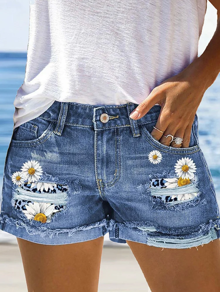 Fashion Plain Floral Ripped Raw Hem Denim Shorts