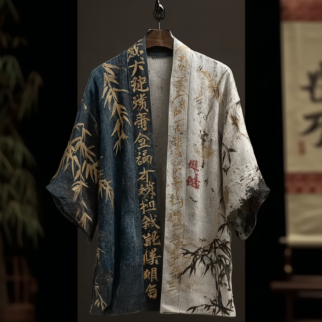 Japanese Art Retro Bamboo Line Art Pattern Men's Linen Kimono  artssus