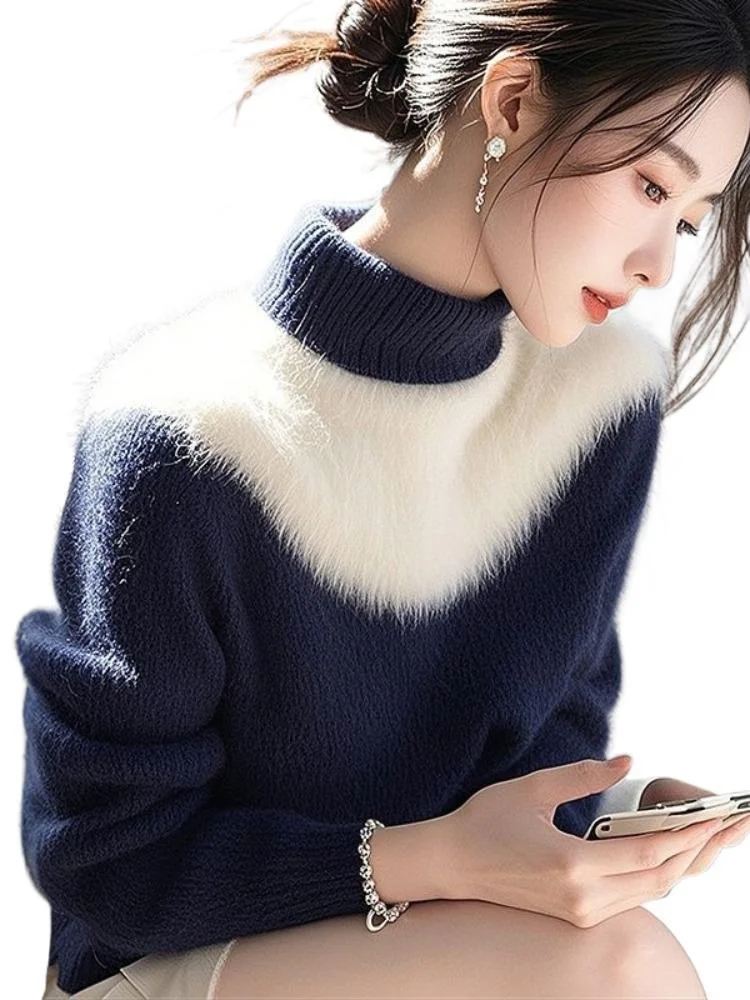 Athvotar Athvotar And White Imitation Sting Velvet Sweater Women 2025 Winter New High-End Feeling Super-Good-Looking Half-High Collar Top Knitted Shirt