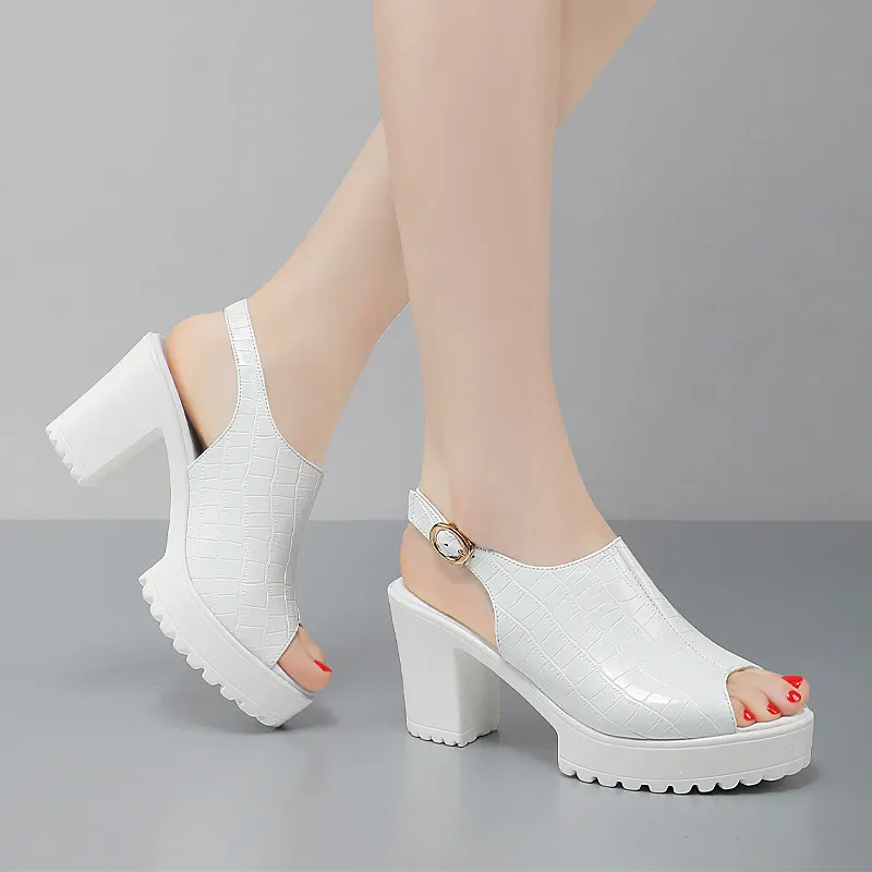 Breakj Breakj Mouth Patent Leather Crocodile High Heel Sandals Summer White Wedding Shoes Waterproof Table Thick Cheongsam Walking Shoes Coarse Heel Women's Shoes
