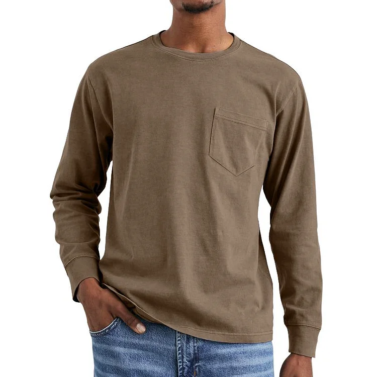 Men's Loose Solid Color Round Neck Chest Pocket Long Sleeve T-Shirt 33123506Y