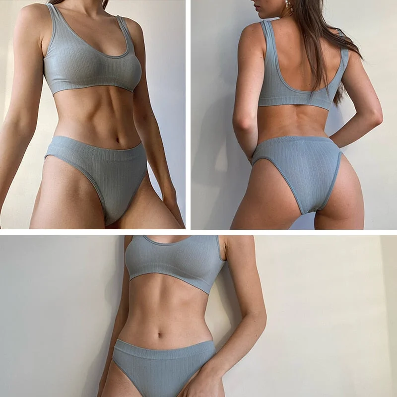 FINETOO Seamless Women Seamless Bra Lingerie Set Sexy Cropped Top Push Up Short Top+Thong Fitness Brassiere Suits Underwear Sets