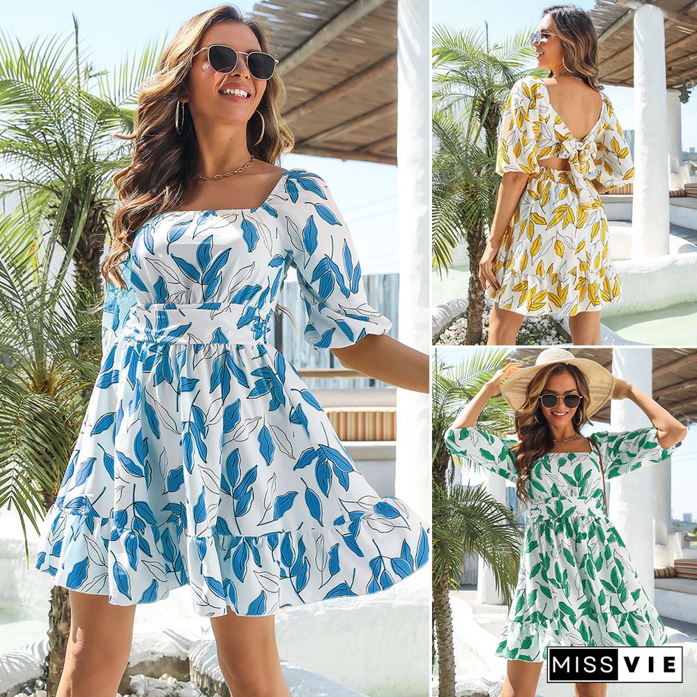 Summer Dress Women Seaside Holiday Style Halter Neck Cross Open Back Tie-dye Dress Besh Boho Dress Vestidos De Muje