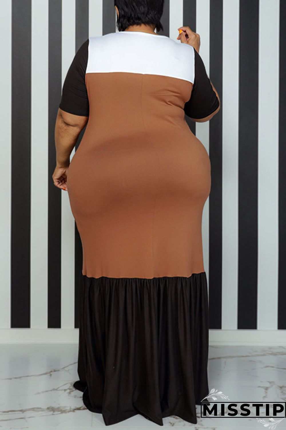 Black Casual Solid Patchwork O Neck Straight Plus Size Dresses