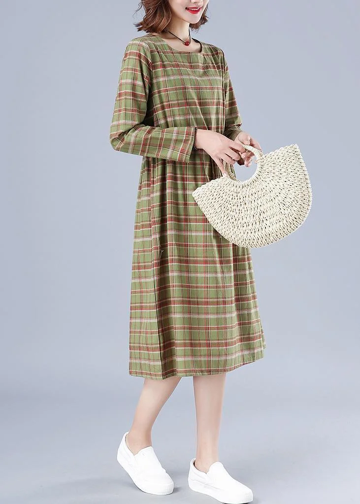 Natural Green Plaid Dresses O Neck Drawstring Knee Spring Dress