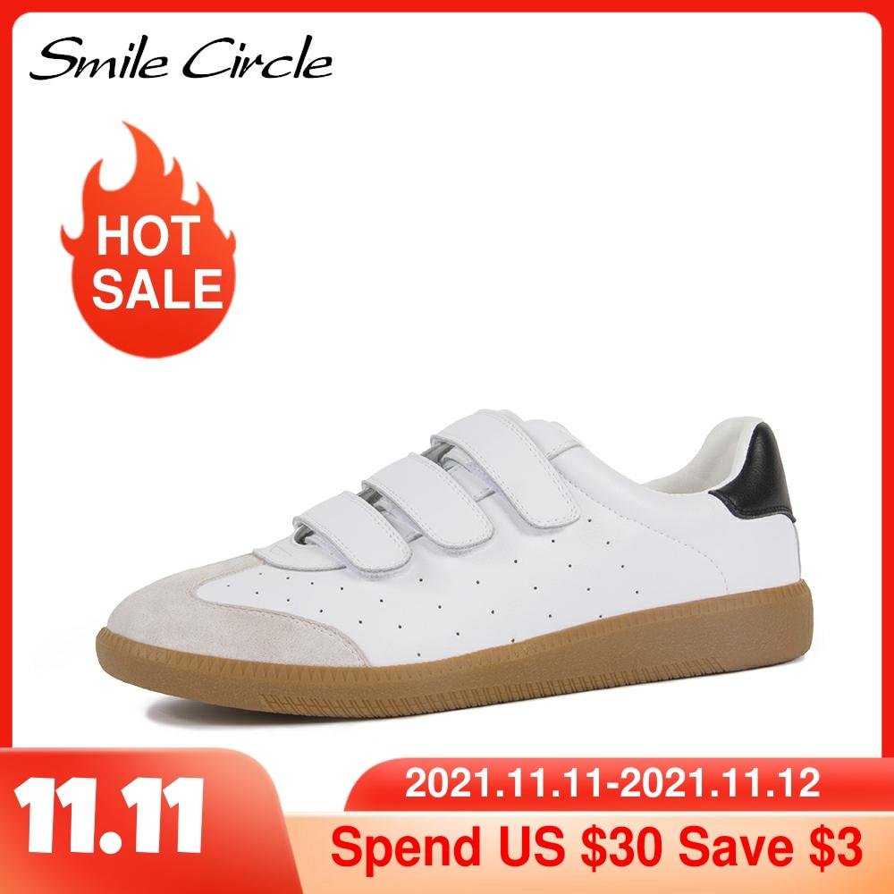 Smile Circle Women Sneakers Flat Platform Shoes Spring Breathable Casual Shoes Women White Leather Lace-up low-top trainers