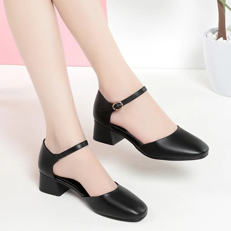Breakj Breakj Square Head Spring And Autumn Shoes Mary Jane Hollow Single Shoes Thick Heel Buckle Low Heel Sexy Bag And Head Sandals Woman