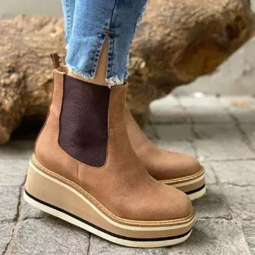 Wedge heel ankle boots flat bottom side zipper deep mouth nude boots