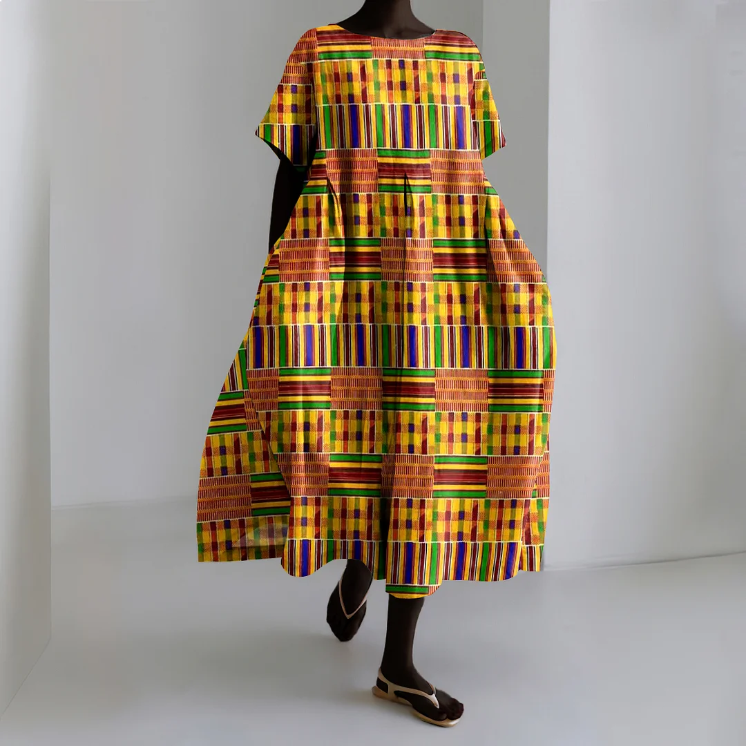 African Art Print Short Sleeve Midi Dress