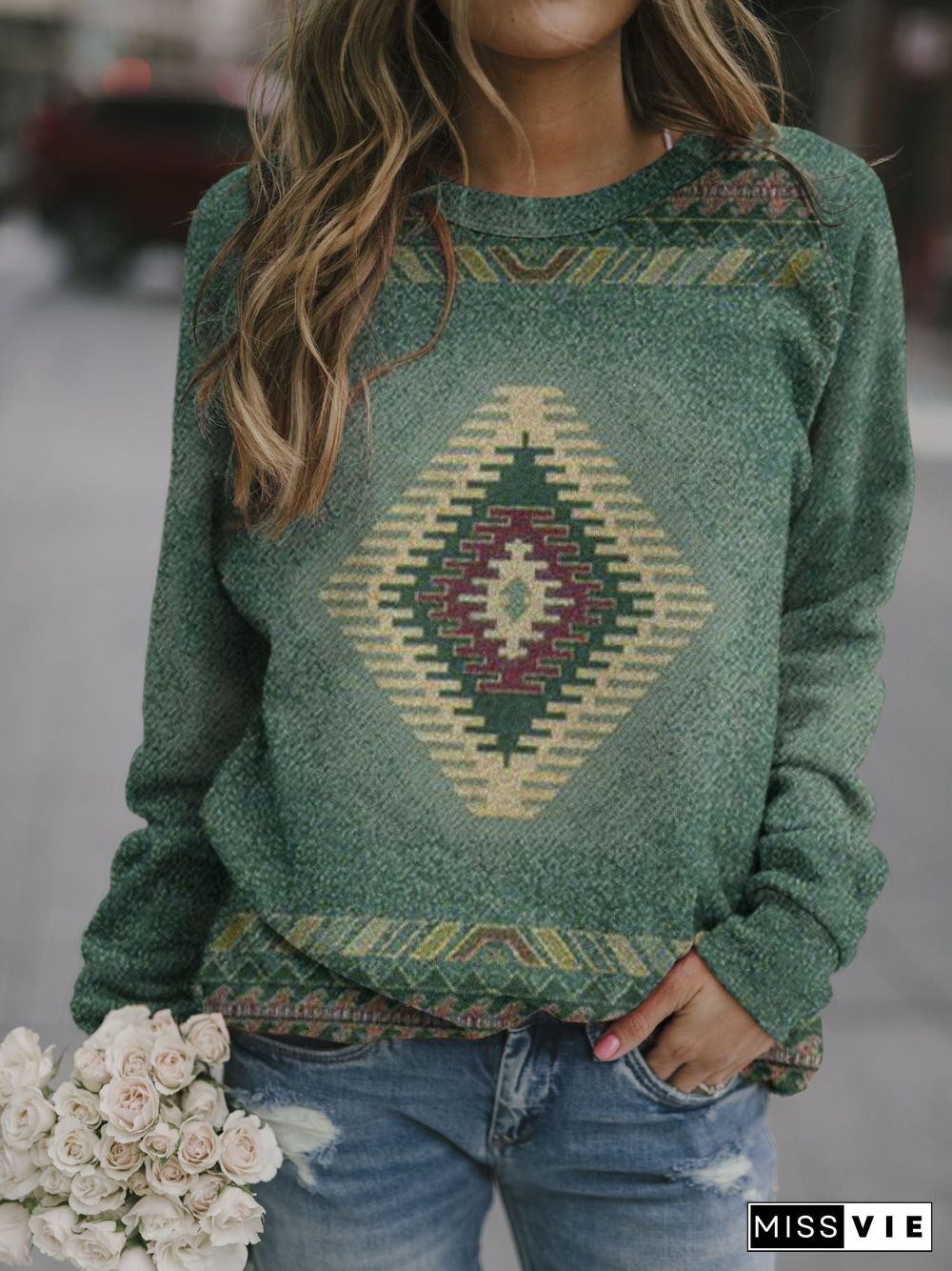 Casual Round Neck Printed Top