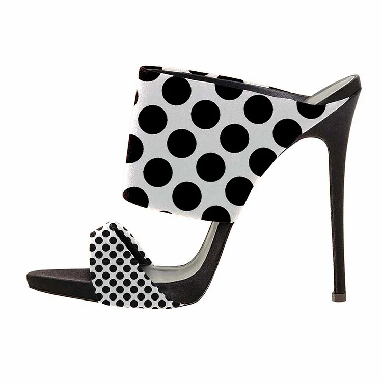 Women's Black and White Stiletto Heels Polka Dots Mules Sandals |FSJ Shoes