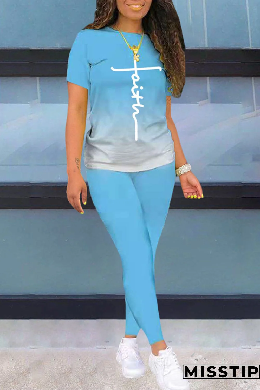 Black Fashion Casual Gradual Change Print Basic O Neck Short Sleeve Two Pieces