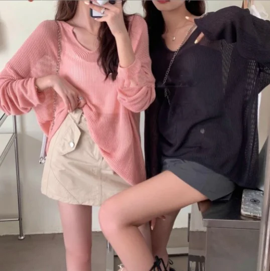 Toloer Toloer New Korean Loose Lazy Wind Long Sleeve Large Version V-Neck Ice Silk Jacket Women's Spring And Summer Thin Hollow Out Sweater-Outfit Ideas