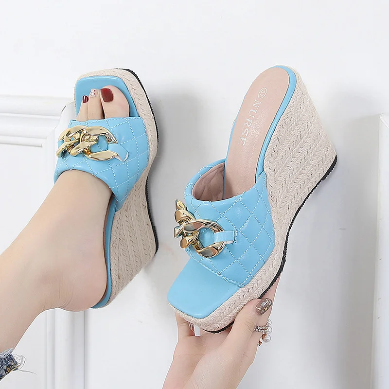 Wongn Wongn Summer Wedge Sandals Thick Square Toe Flip-Toe Female Metal Chain Straw Hemp Rope Bottom