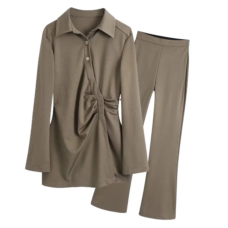 Aachoae Women Casual 2 Piece Sets Turn Down Collae Long Sleeve Pleated Shirts Tops With High Wasit Boot Cut Pant Ladies Outfit