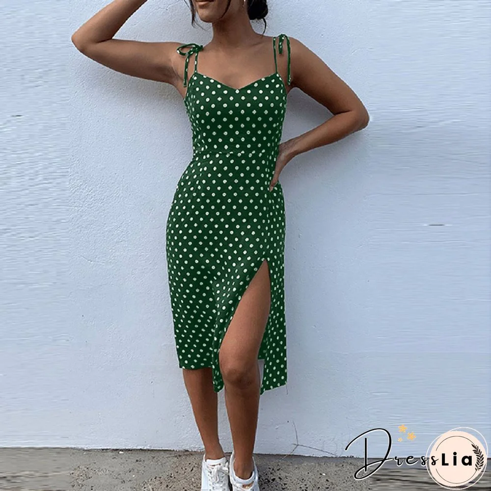 Dresses Sundress Summer Women Causal Polka Dot Sleeveless High Pleated Elastic Waist V-Neck Beach Dress Vestidos De Verano