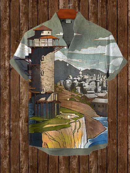 Men's Vintage Coastal Cityscape Print Short Sleeve Shirt