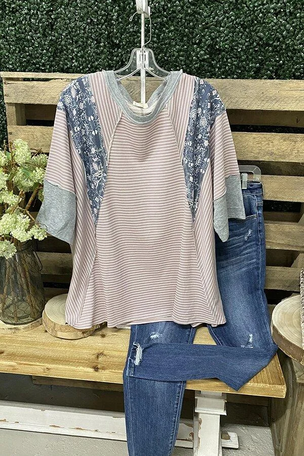 Casual Floral Striped Print T-shirt-Mayoulove