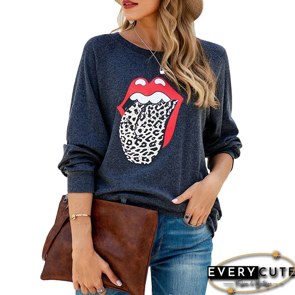 Navy Blue Leopard Lip Print Long Sleeve Sweatshirt