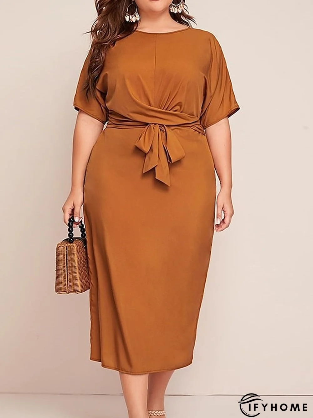 Women's Plus Size Work Dress Sheath Dress Solid Color Long Dress Maxi Dress Short Sleeve Print Crew Neck Fashion Office Orange Spring Summer L XL XXL 3XL 4XL | IFYHOME