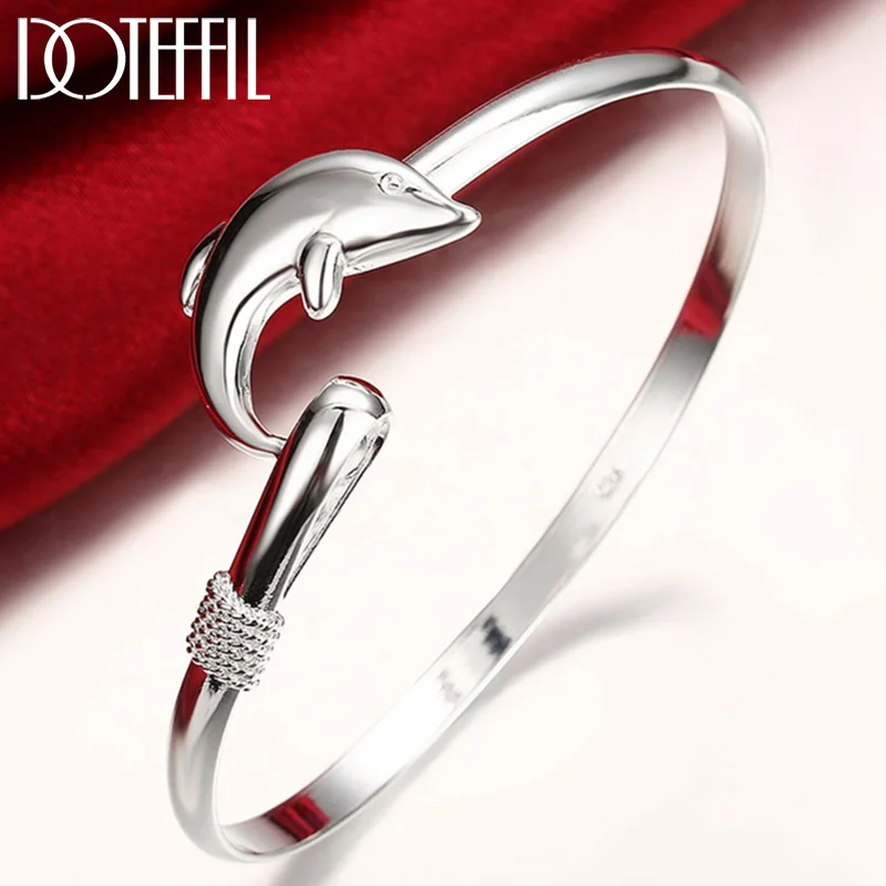 DOTEFFIL 925 Sterling Silver Dolphin Bangle Bracelet For Women Wedding Jewelry