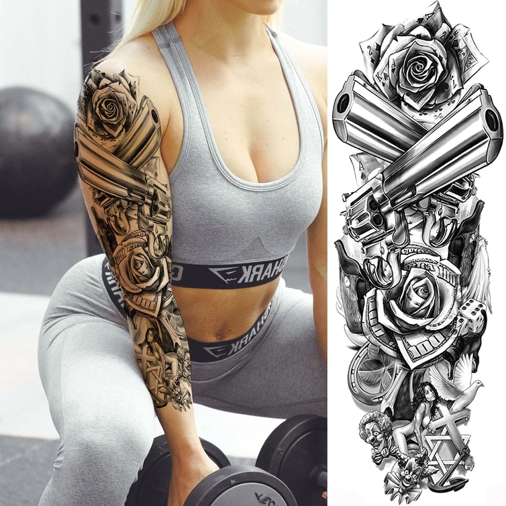 Sdrawing Temporary Tattoos Sleeve For Men Women Skeleton King Warrior Full Arm Tattoos Sticker War Black Fake Tatoos Long Sleeve