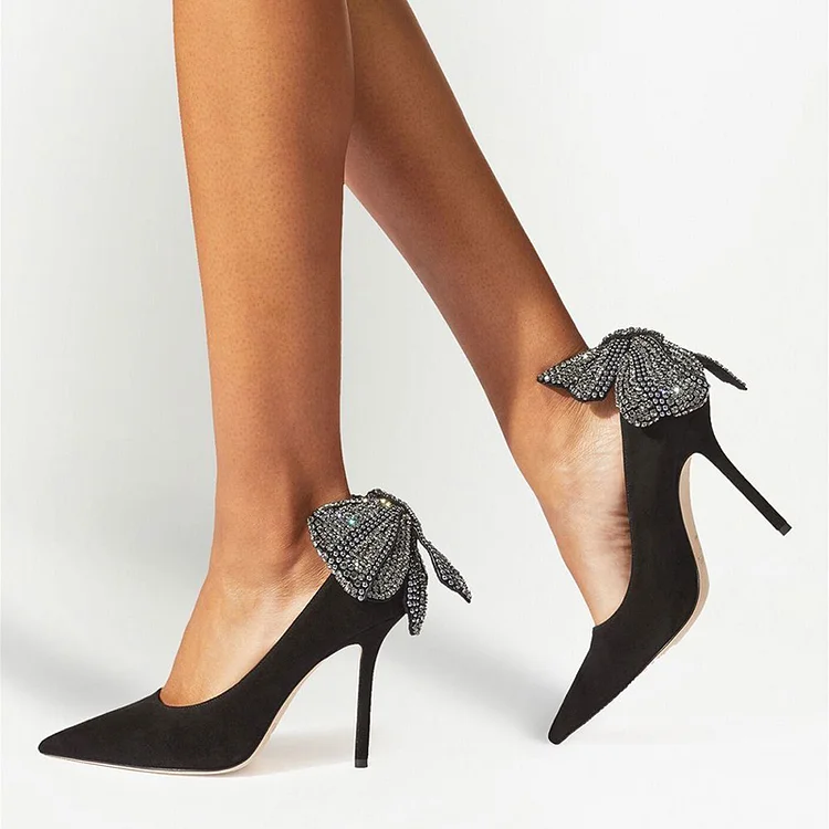 Women's Pointy Vegan Suede Pumps Elegant Rhinestones Bow Heel Party Shoes |FSJ Shoes