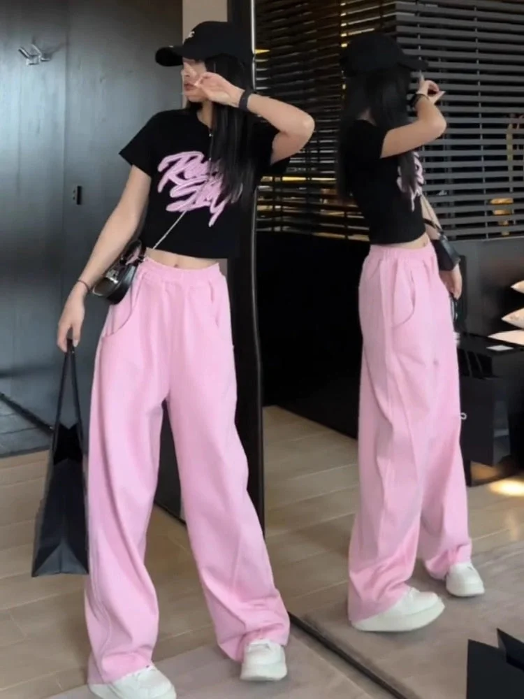 Lourdasprec  Kpop Fashion Pink Pants Women Y2k Aesthetic Korean Wide Leg Baggy Sweatpants Harajuku Joggers Oversize Sports Trousers