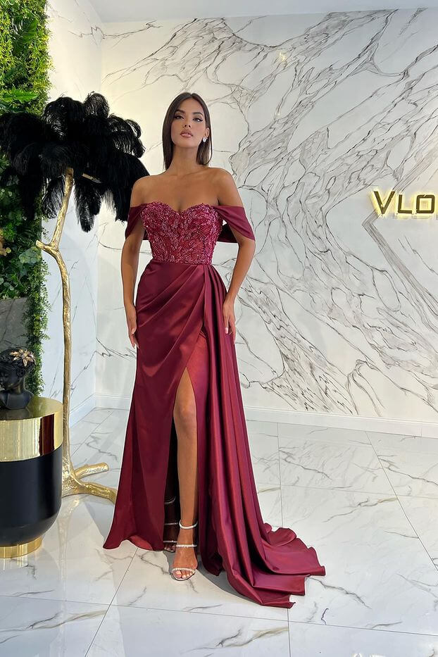 Bellasprom Off-the-Shoulder Burgundy Evening Dress Split Ruffles With Beadings Bellasprom