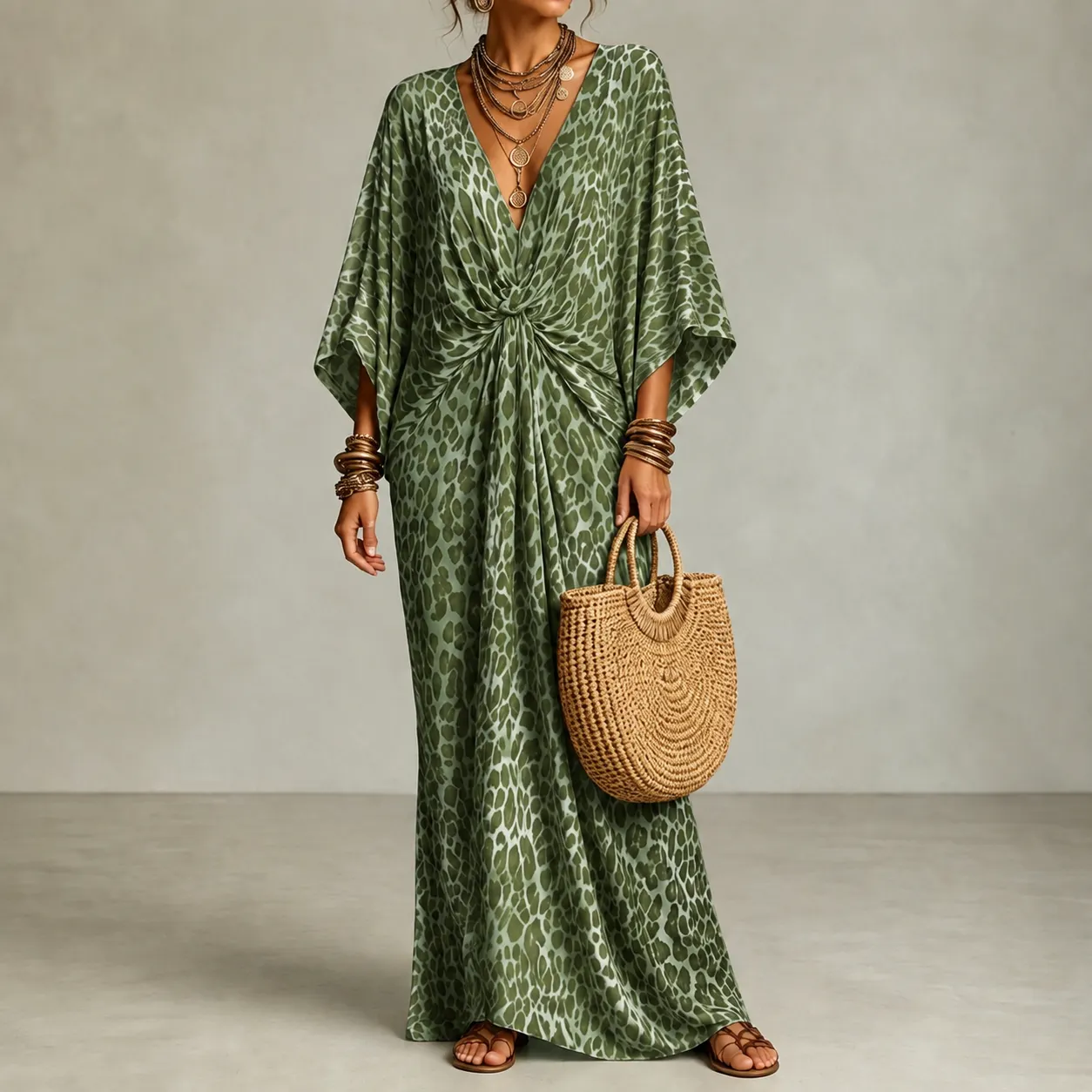 Vacation V-neck  Leopard Print Waist Beach Maxi Dress elevenforest