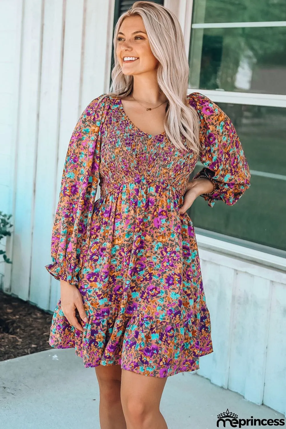 Smocked V Neck Puffy Sleeve Floral Dress