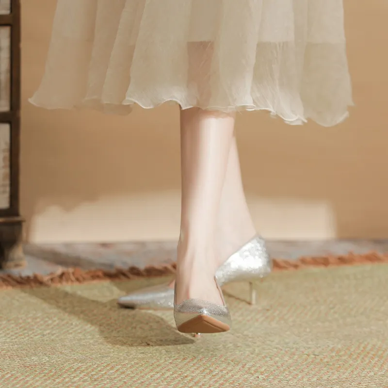Uveng Uveng Wedding Shoes Women's Fine Heel 2025 New Pointed Bright-Heeled High-Heeled Shoes With Skirts Bridesmaids Banquet Single Shoes