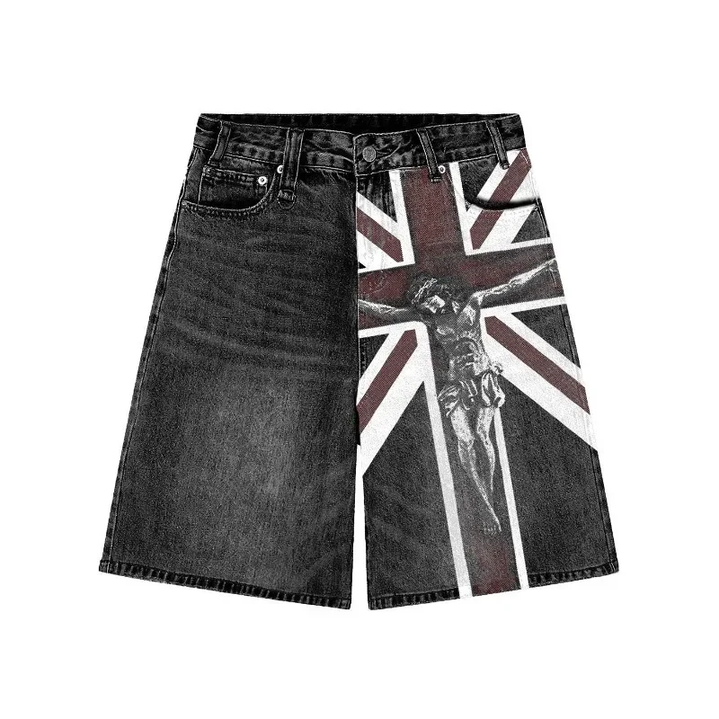 Aonga 2025 Retro zipper printed denim shorts hip-hop trendy men's Y2K summer loose casual couple sweatpants jeans punk Harajuku shorts aonga
