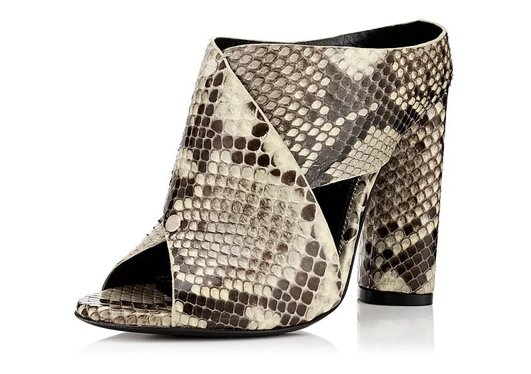 Brown Python Mule Heels Peep Toe Chunky Heels US Size 3-15 |FSJ Shoes