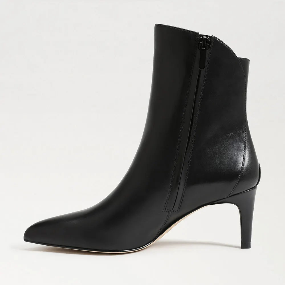 Faux Leather Pointed Toe Black Heel Booties with Side Zipper
