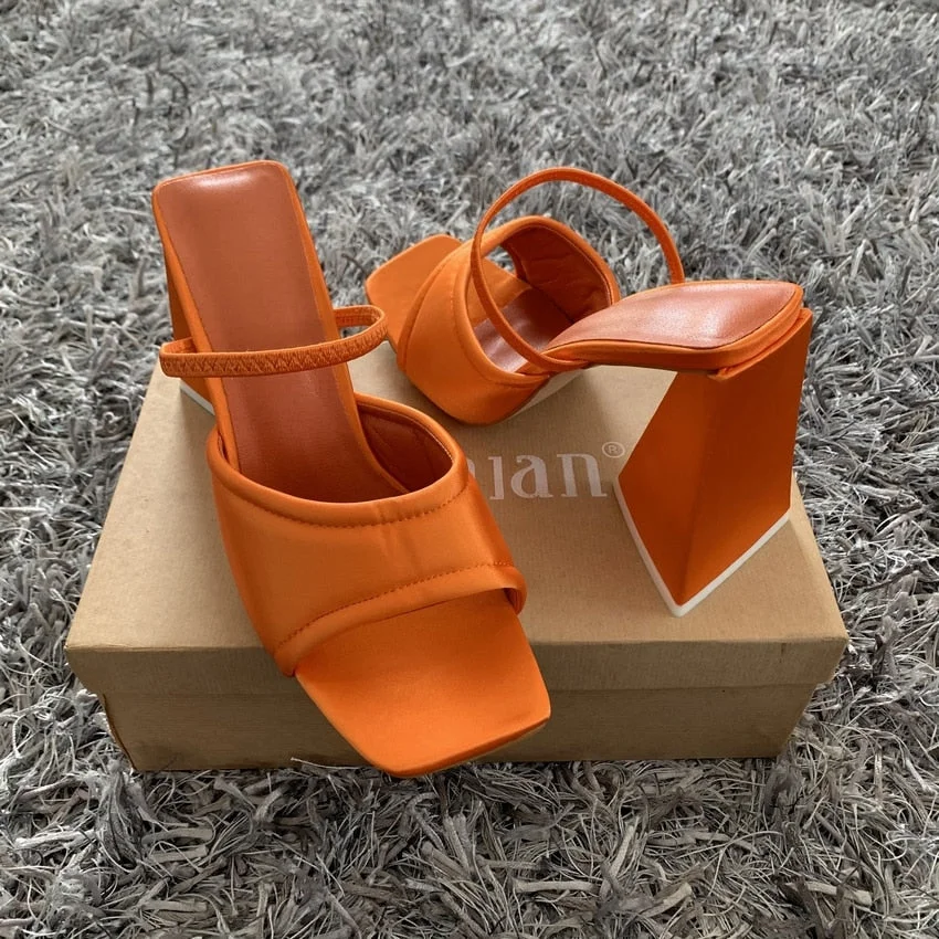 Fashion Triangle High Heels Summer Sandals Women 2022 Sexy Satin Soft Padded Party Shoes Woman Runway Back Strap Dress Sandals