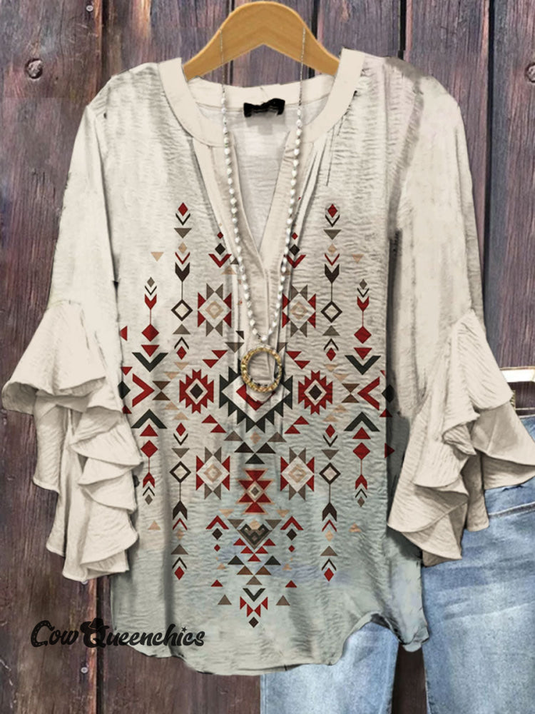 Vintage Aztec Print Ruffle Sleeve Top Multicolor / S