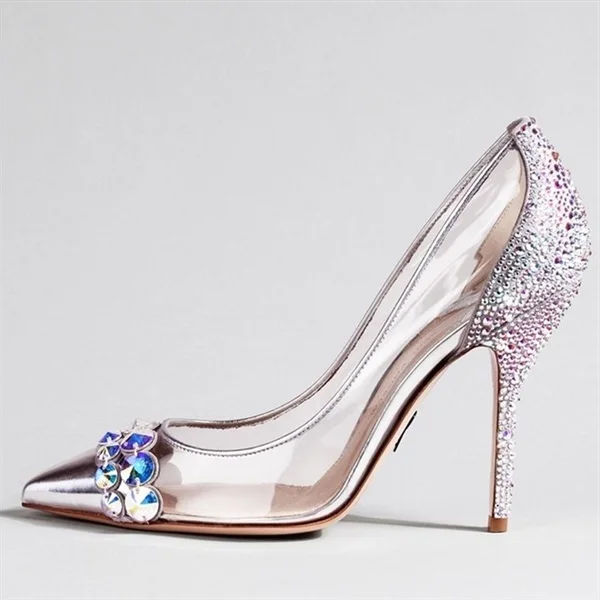 Silver Rhinestone Pointy Toe Clear Pumps Vdcoo
