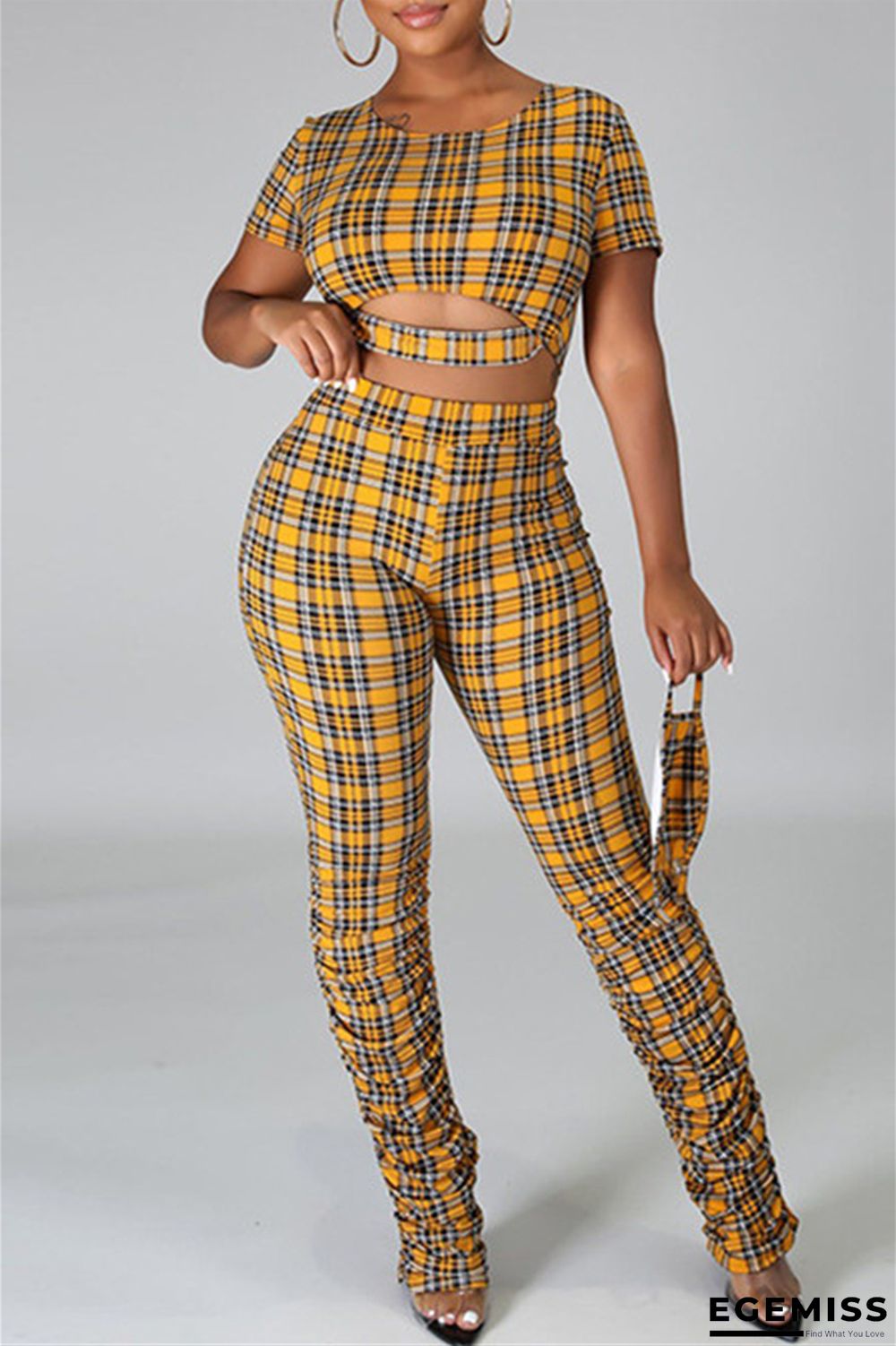Yellow Fashion Casual Plaid Print Hollowed Out O Neck Short Sleeve Two Pieces | EGEMISS