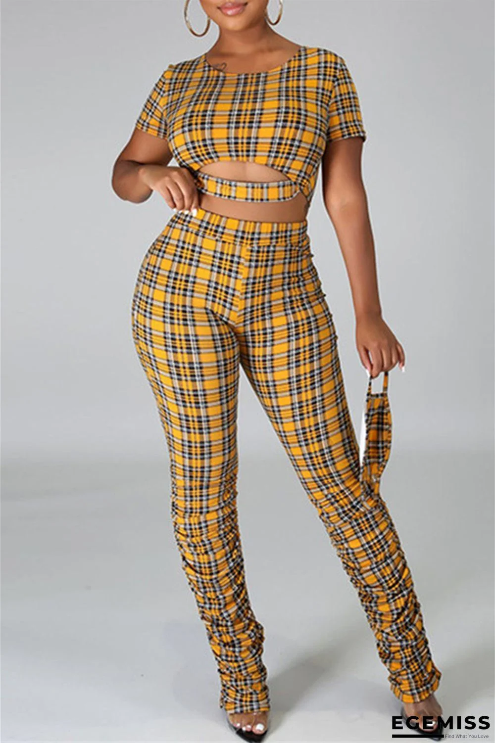 Yellow Fashion Casual Plaid Print Hollowed Out O Neck Short Sleeve Two Pieces | EGEMISS