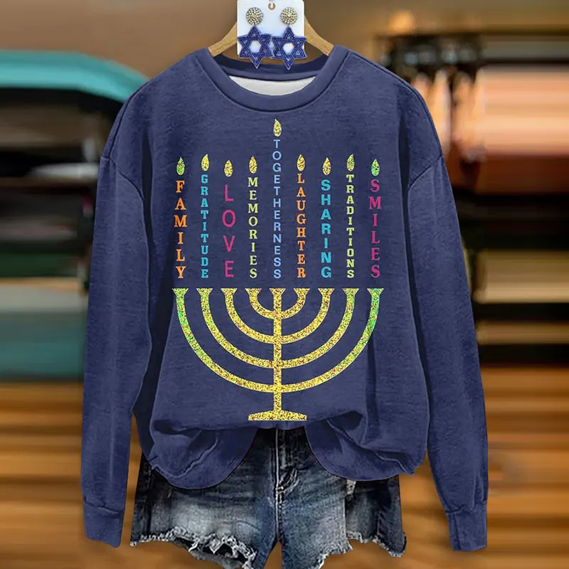 Women's Hanukkah Print Hanukkah Menorah Print Crew Neck Sweatshirt