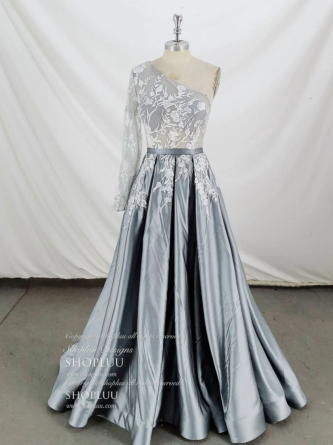 Gray Lace Satin Long Prom Dress Gray Lace Evening Dress