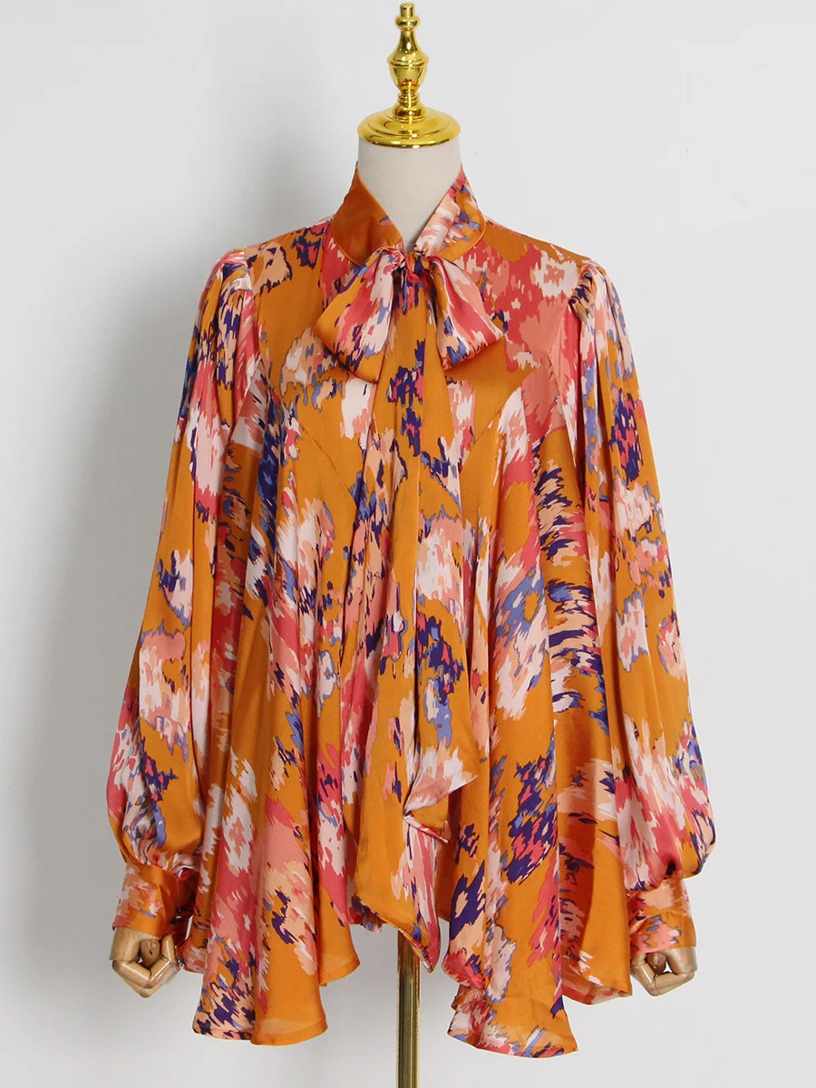 Toloer Toloer Design French Retro Print Shirt 2024 Pure Season New Fashion Dizzy Dye Lace-Up Loose Top Women's Wear-Outfit Ideas