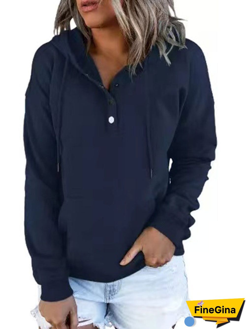 Women's Button Solid Color V-neck Long Sleeve Top