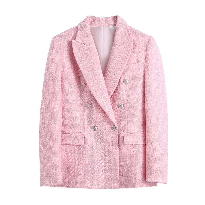 Aachoae Chic Women Pink Tweed Suit Blazer Sets 2021 Double Breasted Blazer With High Waist Shorts Office Ladies Outfits Set